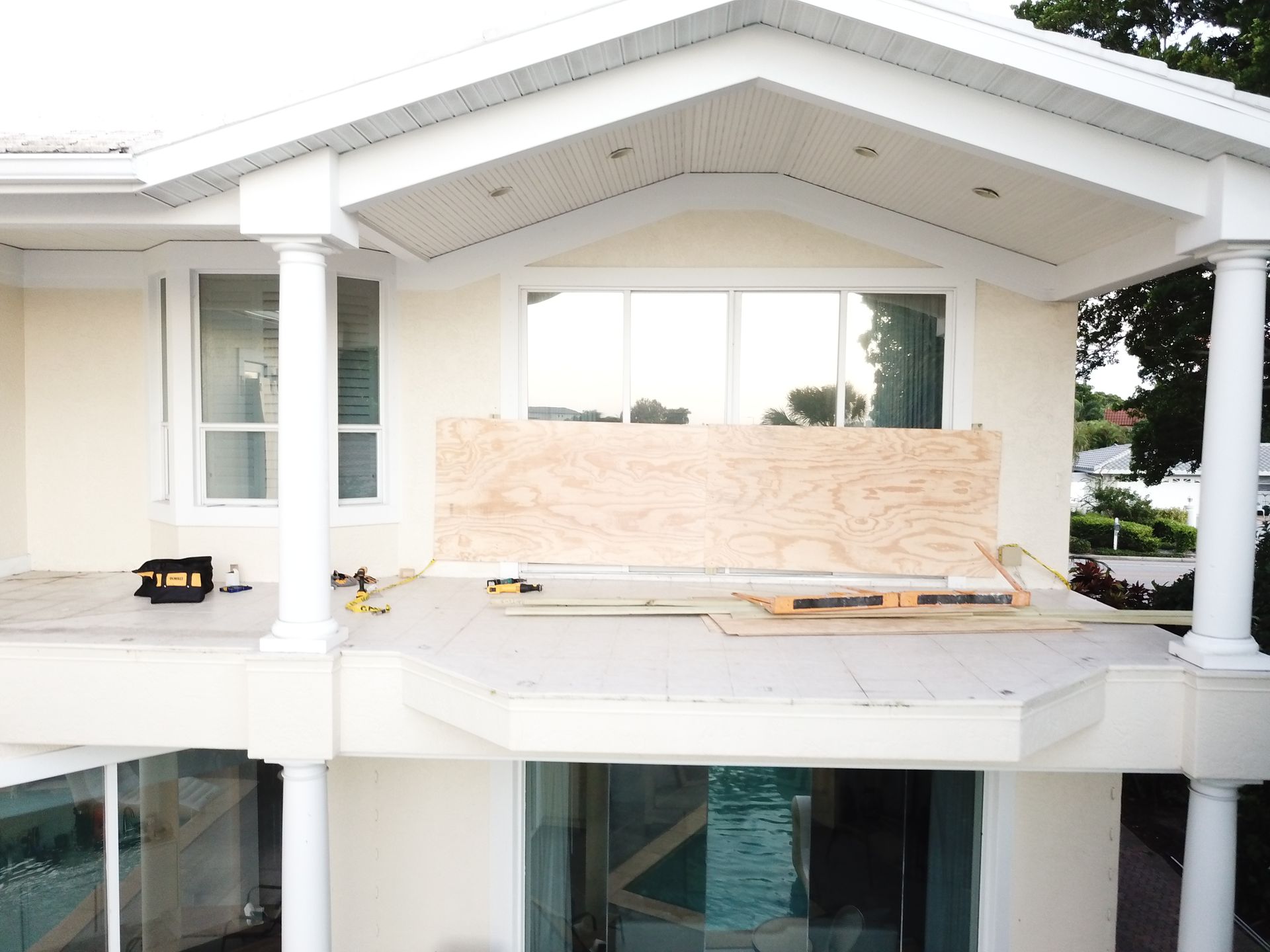 An aerial view of a house that is being remodeled.