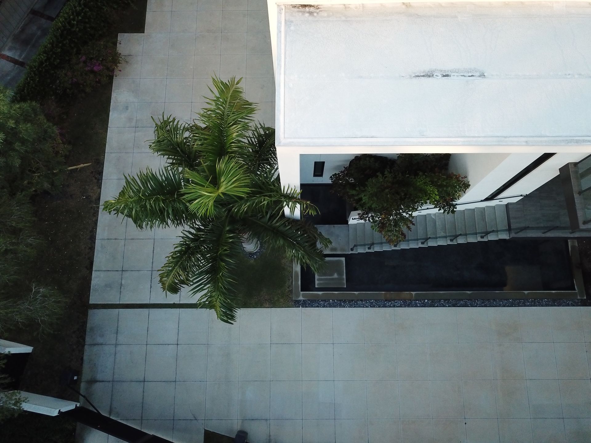 An aerial view of a house with a palm tree in front of it