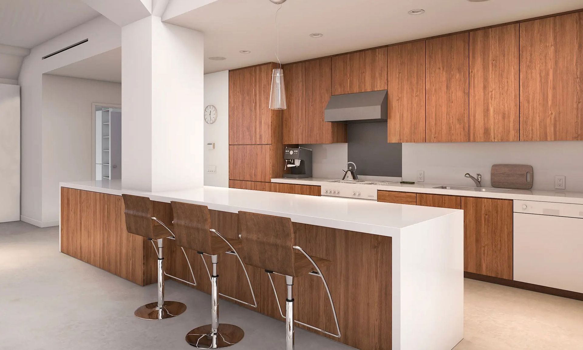 Modern kitchen with wooden cabinets, white island and bar stools, and stainless steel appliances.