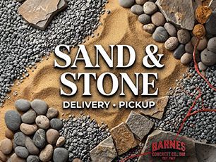 Sand and stone materials with text Sand & Stone Delivery. Pickup and Barnes logo.