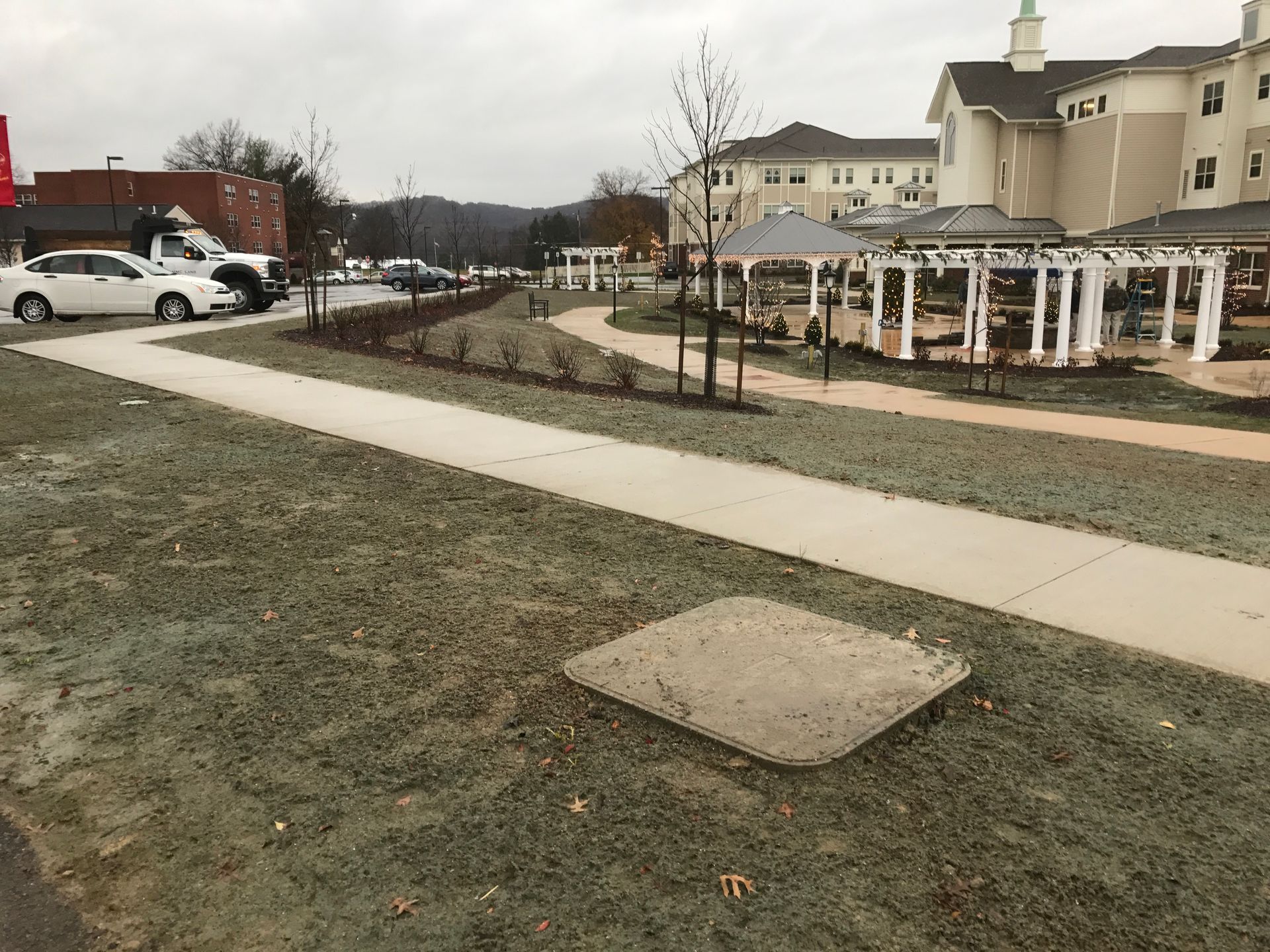 A large building with a walkway in front of it