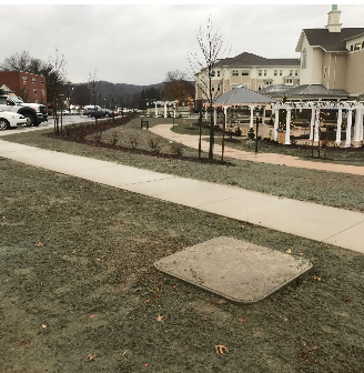 Concrete walkway through a landscaped area with bare trees, gazebos, and a large building.