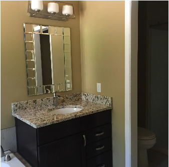 Bathroom with dark brown vanity, granite countertop, mirror, sink, and toilet. Beige walls.