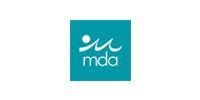 Teal square with white MDA logo: stylized person and wavy lines above 