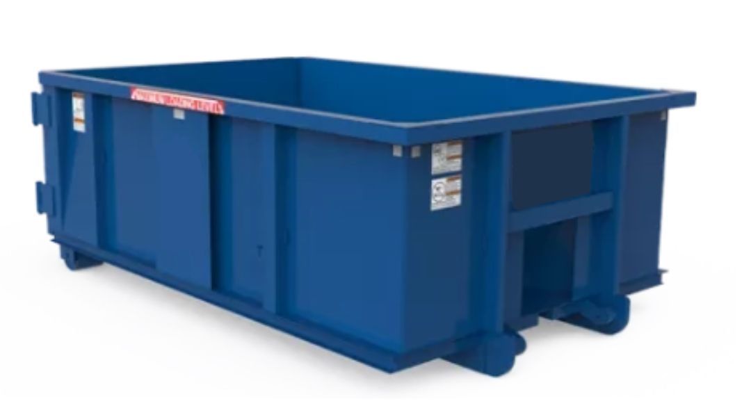 Blue rectangular dumpster with wheels.
