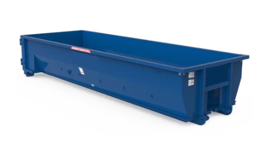 Blue rectangular dumpster.