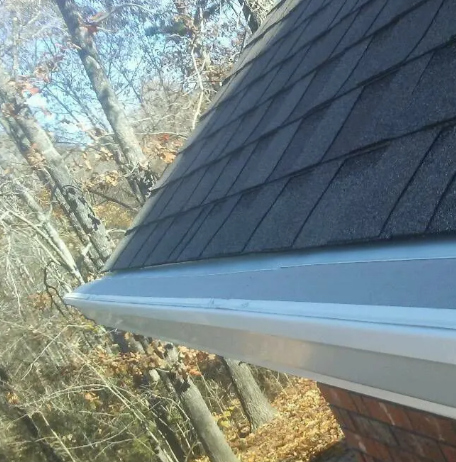 House roof with dark shingles and white trim overlooking a wooded autumn landscape
