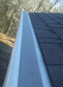 Close-up of a house roof edge with white gutter and dark shingles beside trees