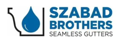 Szabad Brothers Seamless Gutters logo with blue water droplet and text on white background