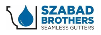 Szabad Brothers Seamless Gutters logo with blue water droplet and text on white background