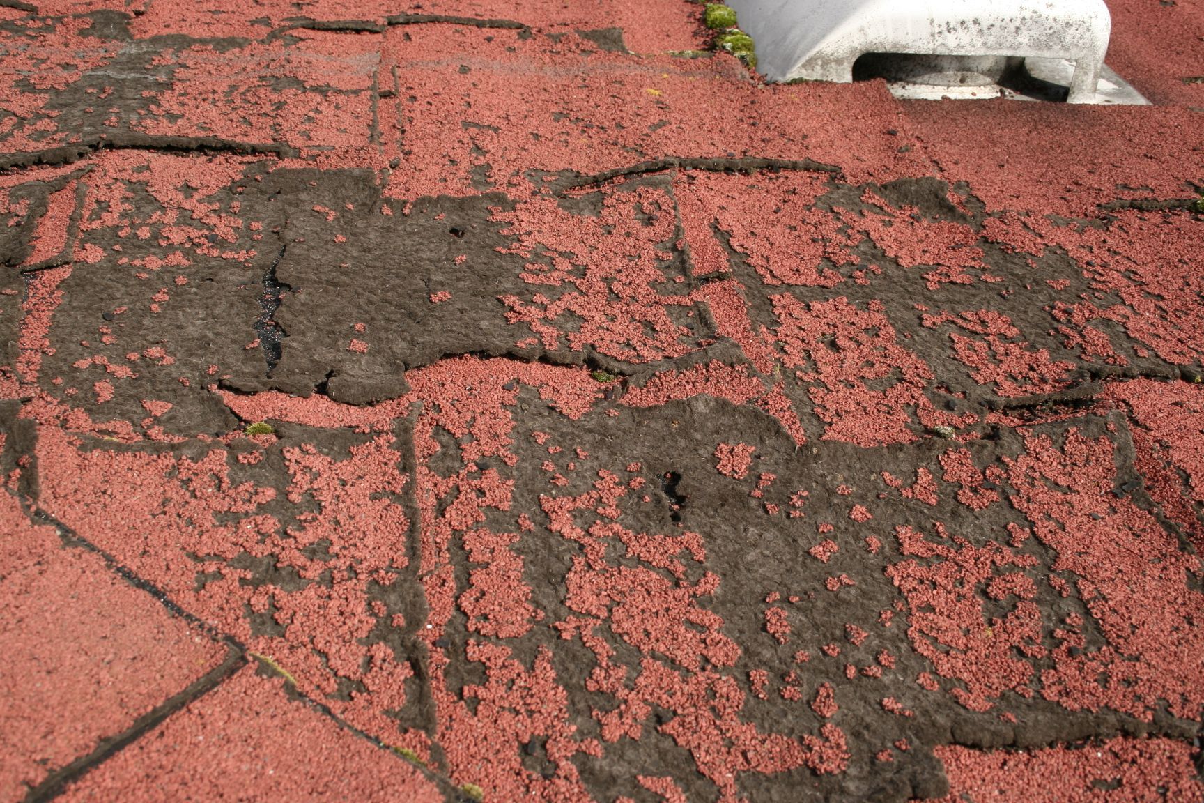 Red asphalt roof shingles with significant granule loss and dark patches.