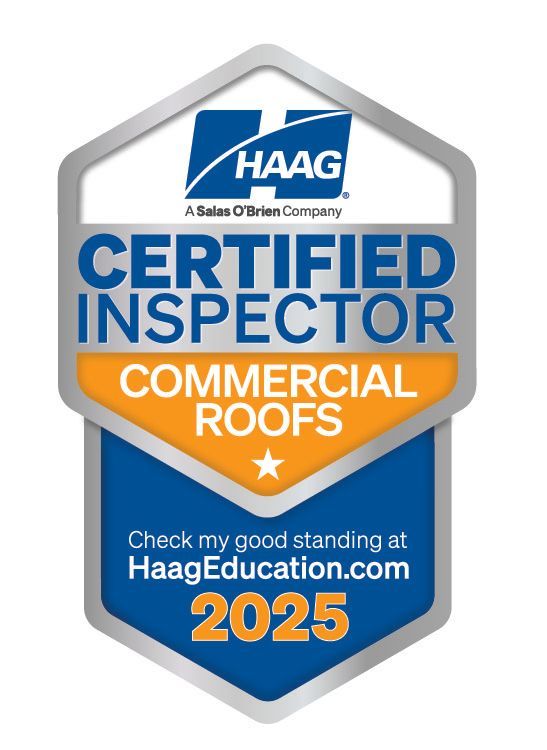 Haag Certified Inspector badge for commercial roofs. Shows expiry year 2025.