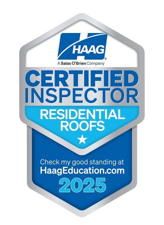 Haag Certified Inspector badge for residential roofs, blue and silver, valid until 2025.