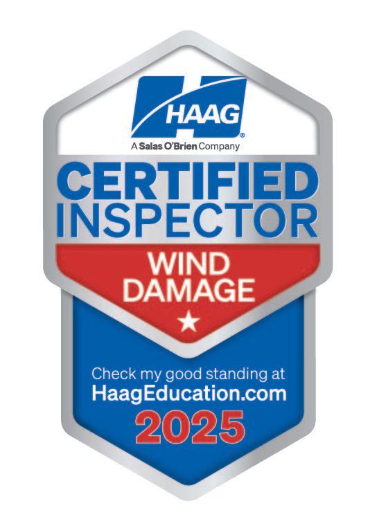 Haag Certified Inspector badge for wind damage; blue, red, and silver with website and 2025.