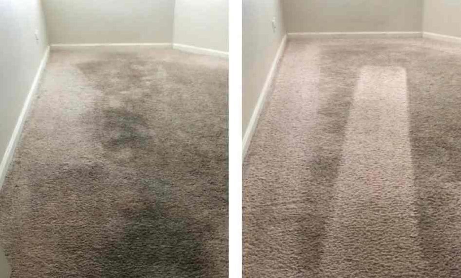 A before and after picture of a carpet in a room.