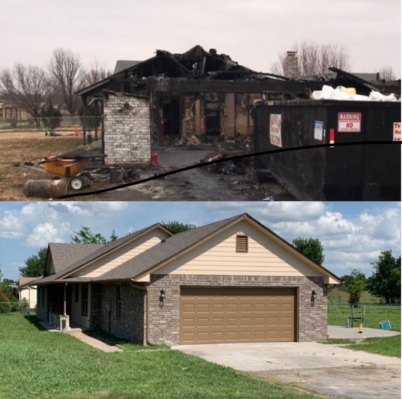 A picture of a house before and after a fire