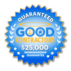 Blue seal logo for Good Contractors with a $25,000 workmanship guarantee, featuring a halo and gold wheat sprigs.
