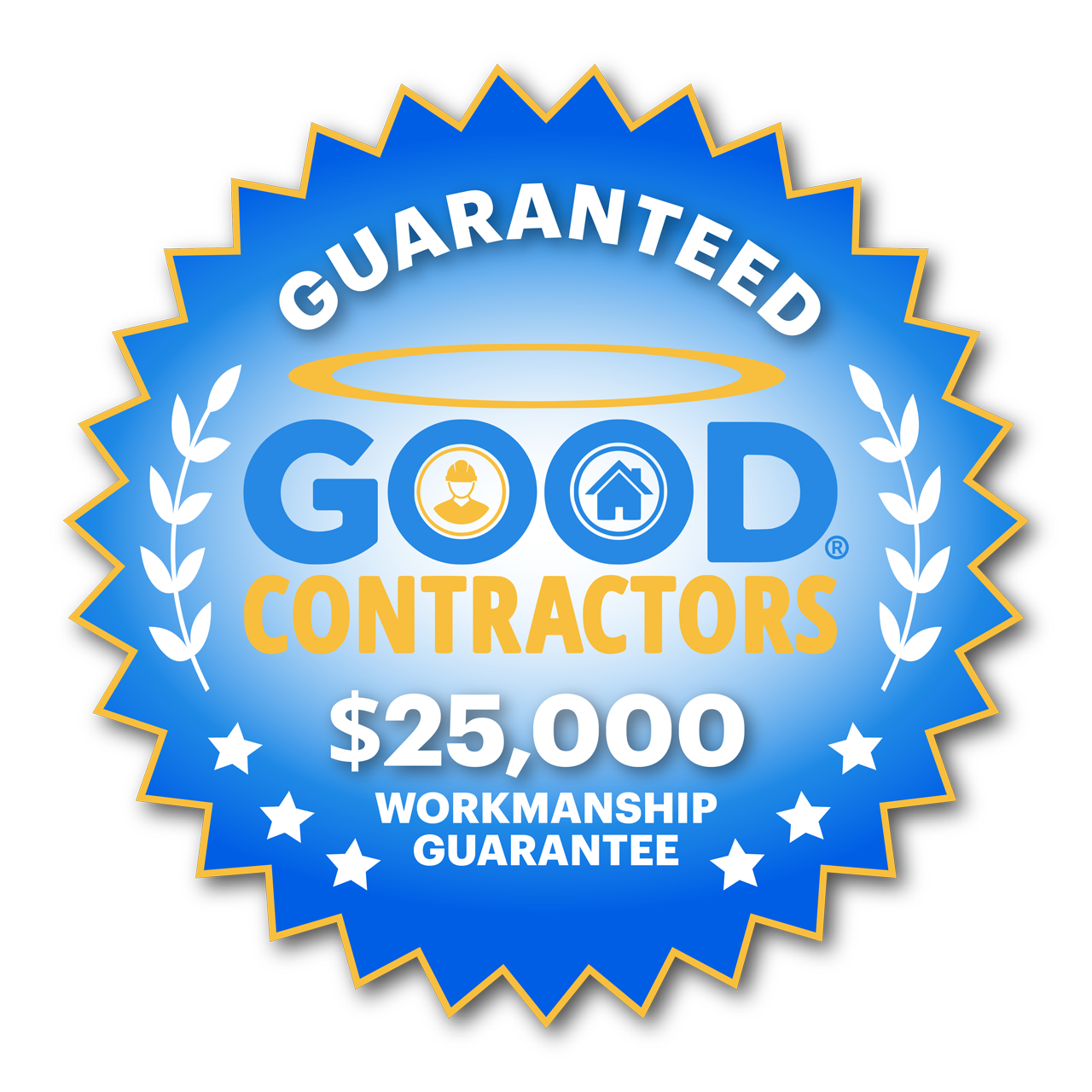 Blue seal logo for Good Contractors with a $25,000 workmanship guarantee, featuring a halo and gold wheat sprigs.