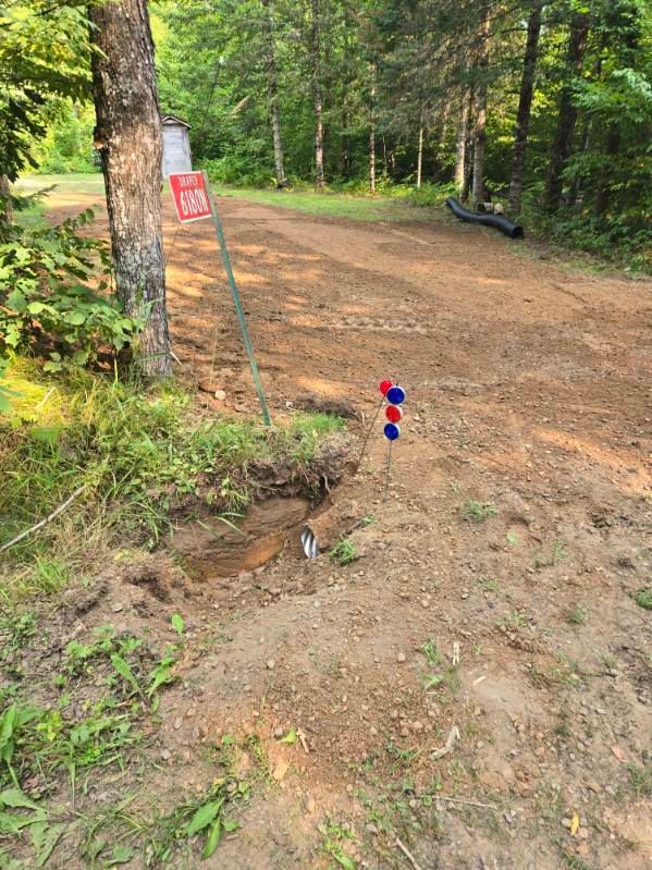 Dirt road in a wooded area with a red sign on a tree and a small blue-red marker by the path.