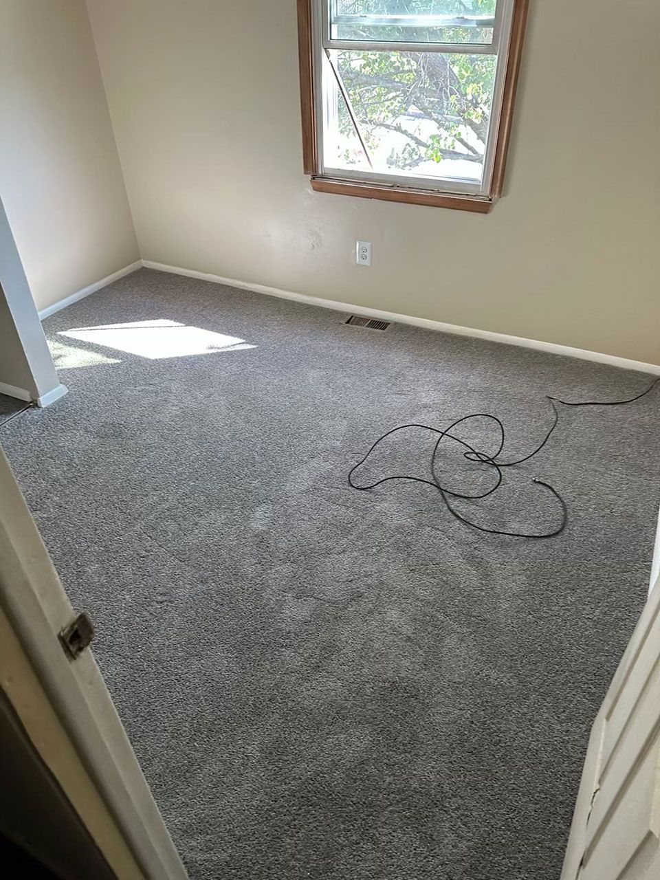 Empty room with new gray carpet, a window, and a door opening. A black cable lays on the floor.