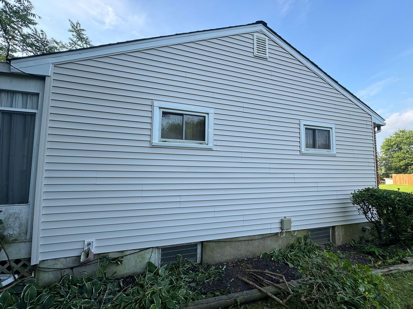Side view of a white-sided house with two windows and overgrown plants in front.