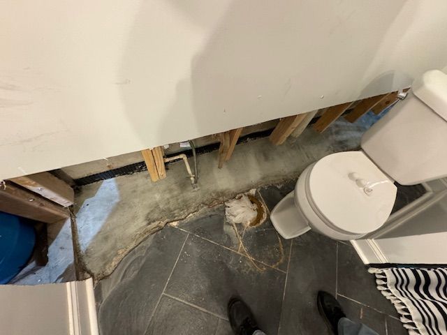 A person is standing in a bathroom next to a toilet.