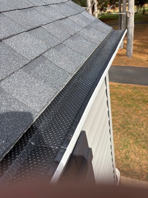 Gray shingled roof with a black gutter guard, viewed from an upward angle on a sunny day.