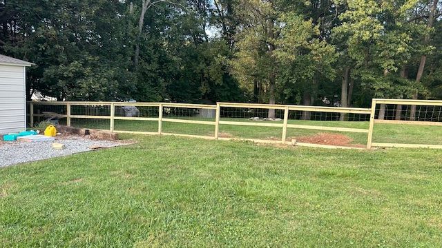 Wooden fence with wire mesh in a grassy yard, trees in the background.