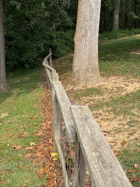 Wooden fence curves through a grassy area, alongside trees.