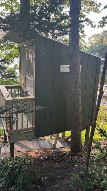 Treehouse built in a tree with green siding and a wooden deck.