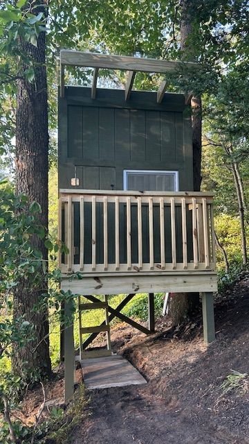 Treehouse built around a tree, with wooden deck, railings, and ladder. Green walls, greyish roof.