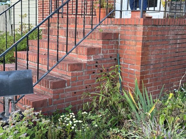Brick steps leading up to a house entrance, with a black metal railing and overgrown vegetation.
