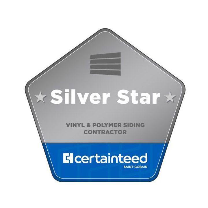 Silver Star CertainTeed vinyl siding contractor badge, silver, blue, and white.