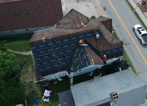 An aerial view of a house that is being remodeled.