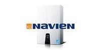 Navien water heater with logo. White and black appliance with a blue and orange logo.