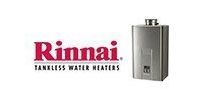 Rinnai tankless water heater logo with a metallic water heater.