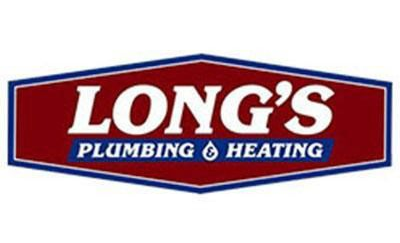 Logo for Long's Plumbing & Heating, with white text on a red and blue polygon-shaped background.