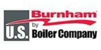 Logo for Burnham by U.S. Boiler Company, featuring text and a red swoosh. A dark gray square is on the left.
