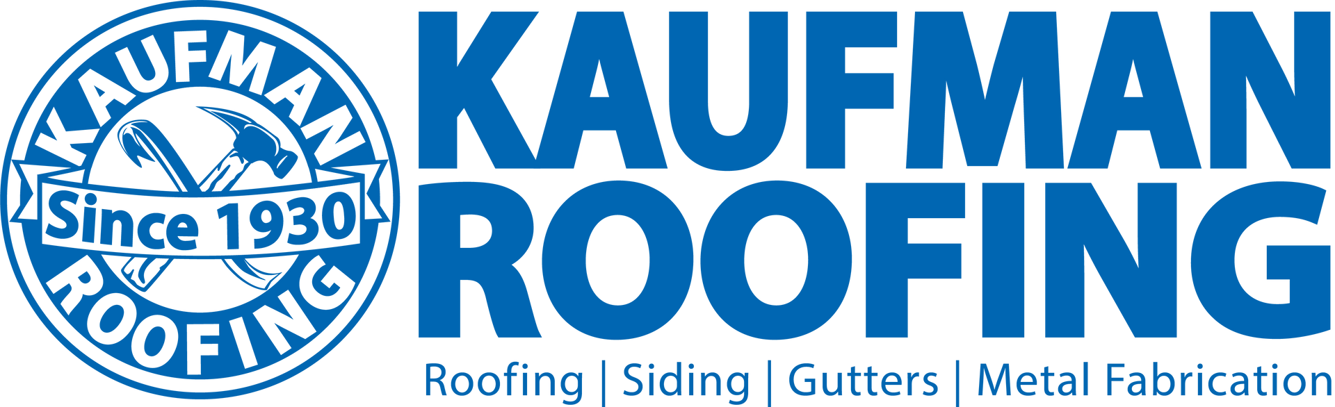 A blue and white logo for kaufman roofing
