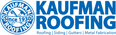 A blue and white logo for kaufman roofing