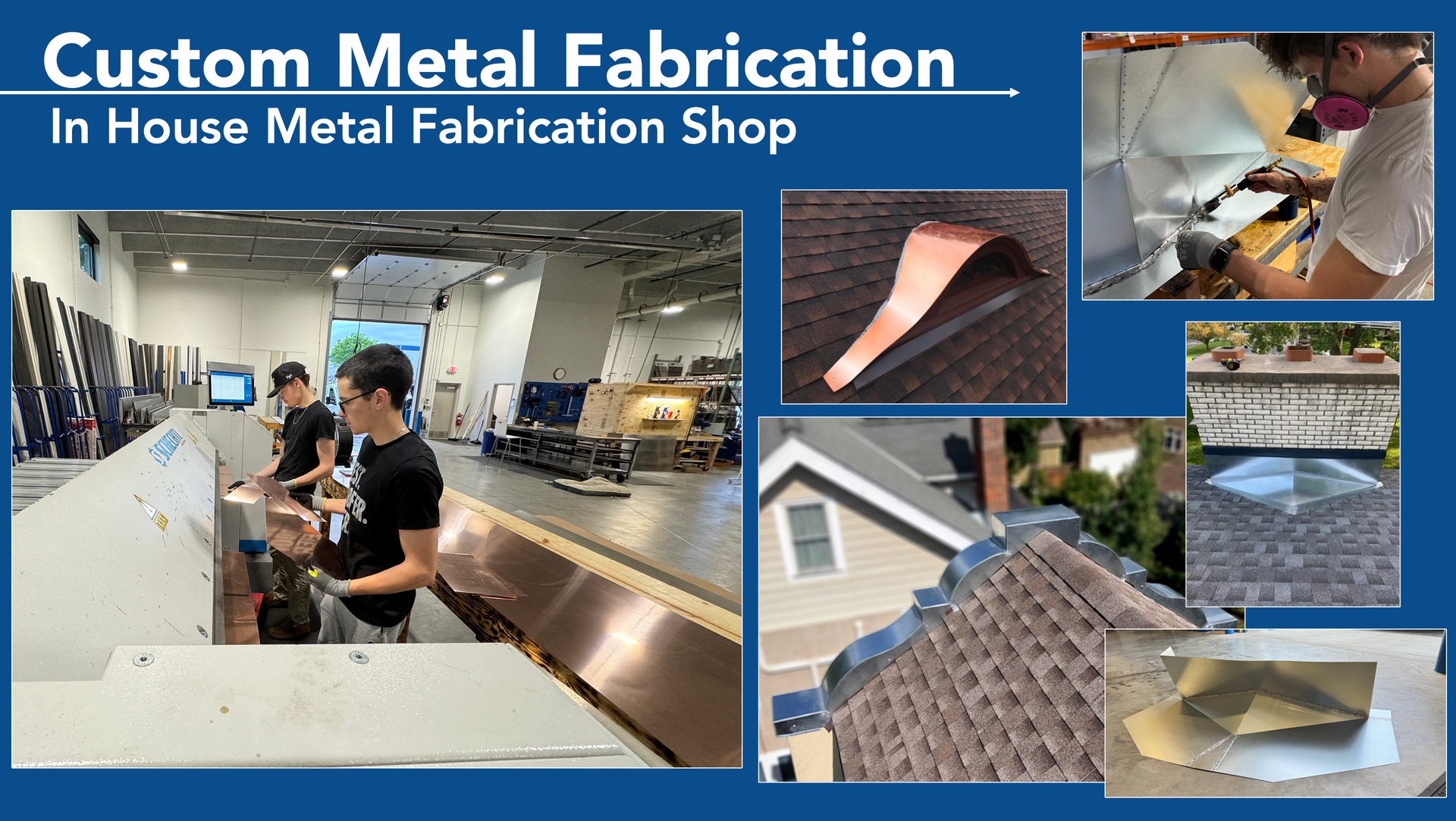 A collage of pictures of people working in a custom metal fabrication shop