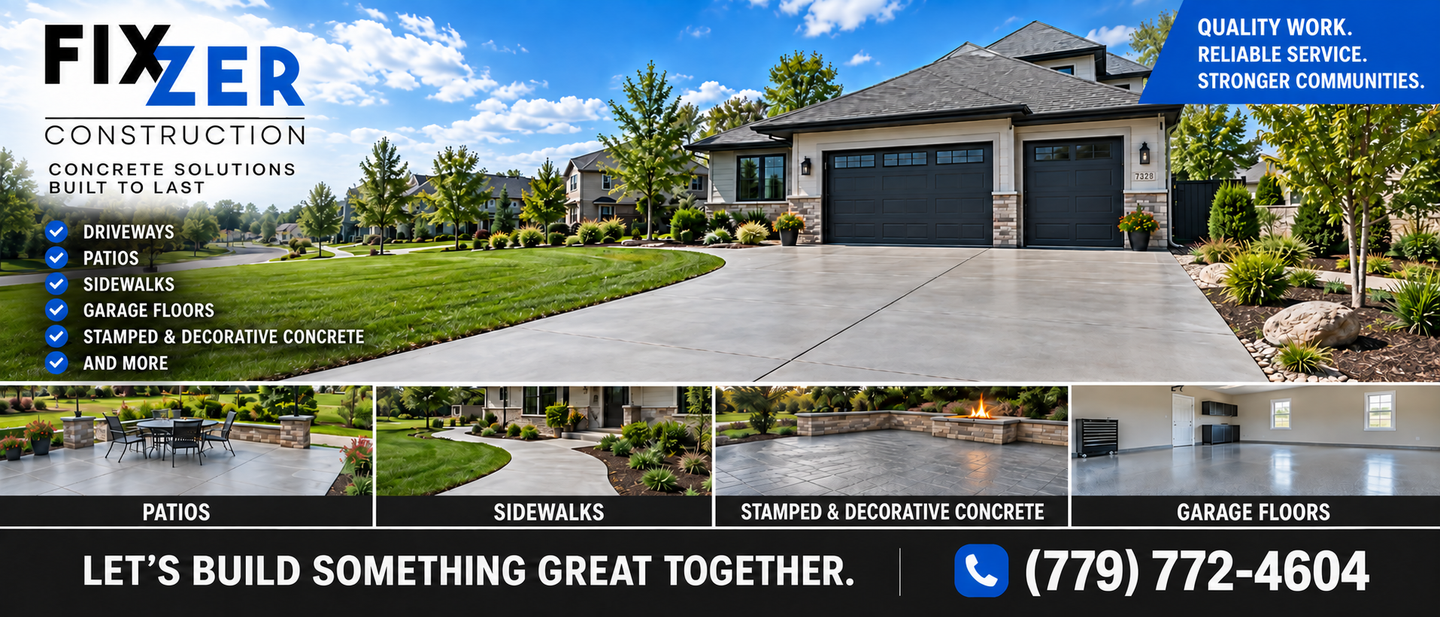 Fixer Construction website banner showing a modern home exterior, logo, and phone number on a blue-and-white layout