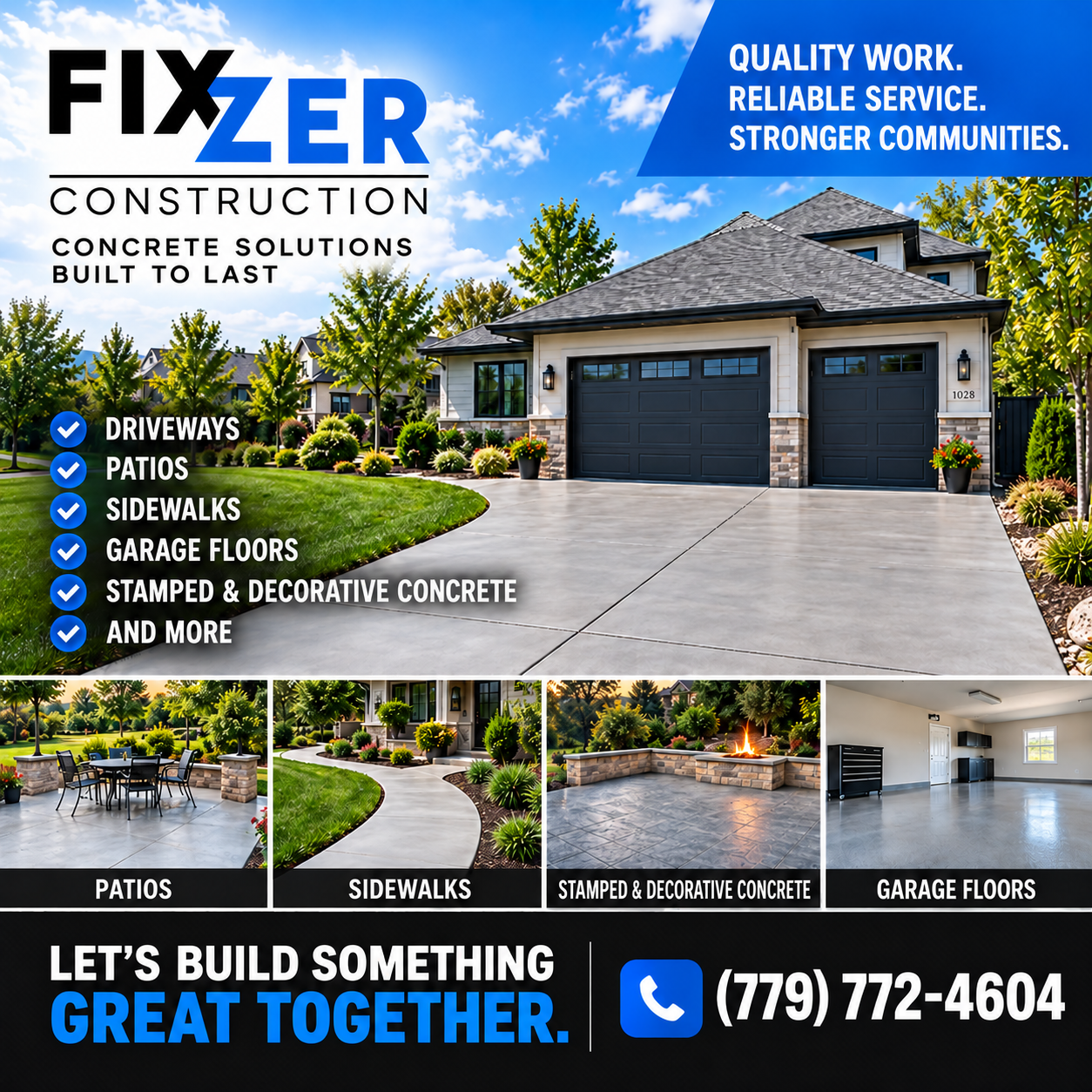 Fixzer construction ad showing a stamped concrete driveway, patios, sidewalks, and garage floors.