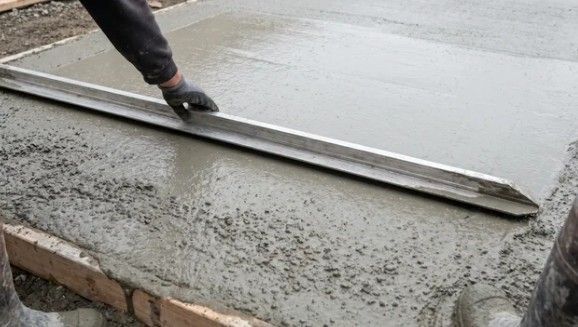 Worker leveling wet concrete with a straightedge on a construction slab