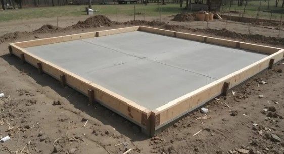 Fresh concrete slab foundation with wooden formwork on a dirt construction site