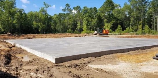 Freshly poured concrete slab at a construction site with an excavator and trees in the background