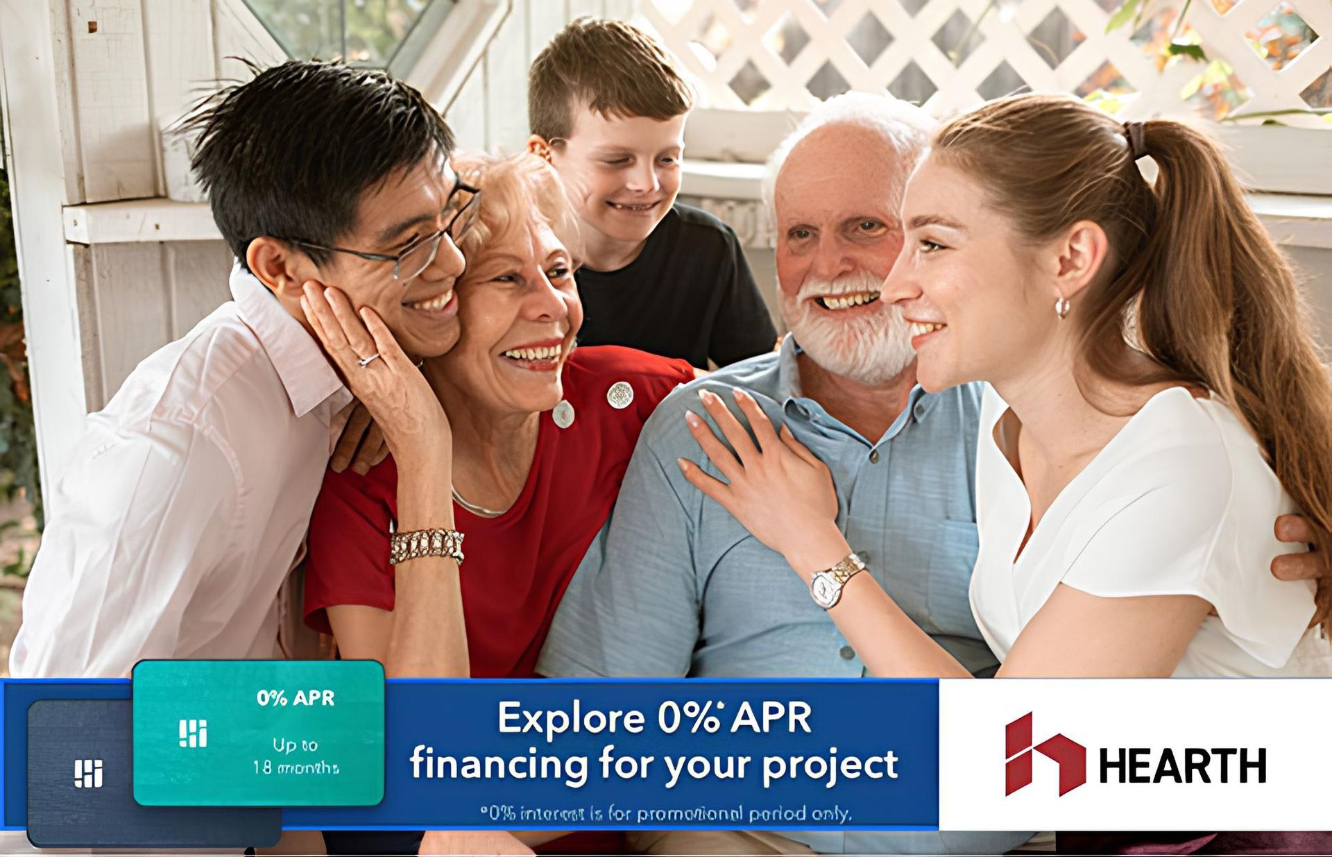 Family gathered, smiling. Hearth financing advertisement.  0% APR offer.