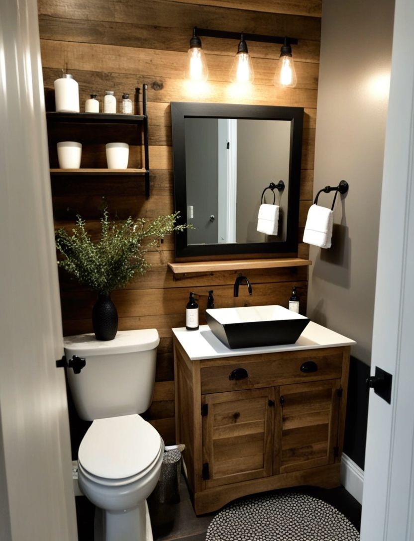 Rustic bathroom with wood paneling, vanity, black sink, and mirror. White toilet, shelves with jars, and greenery.