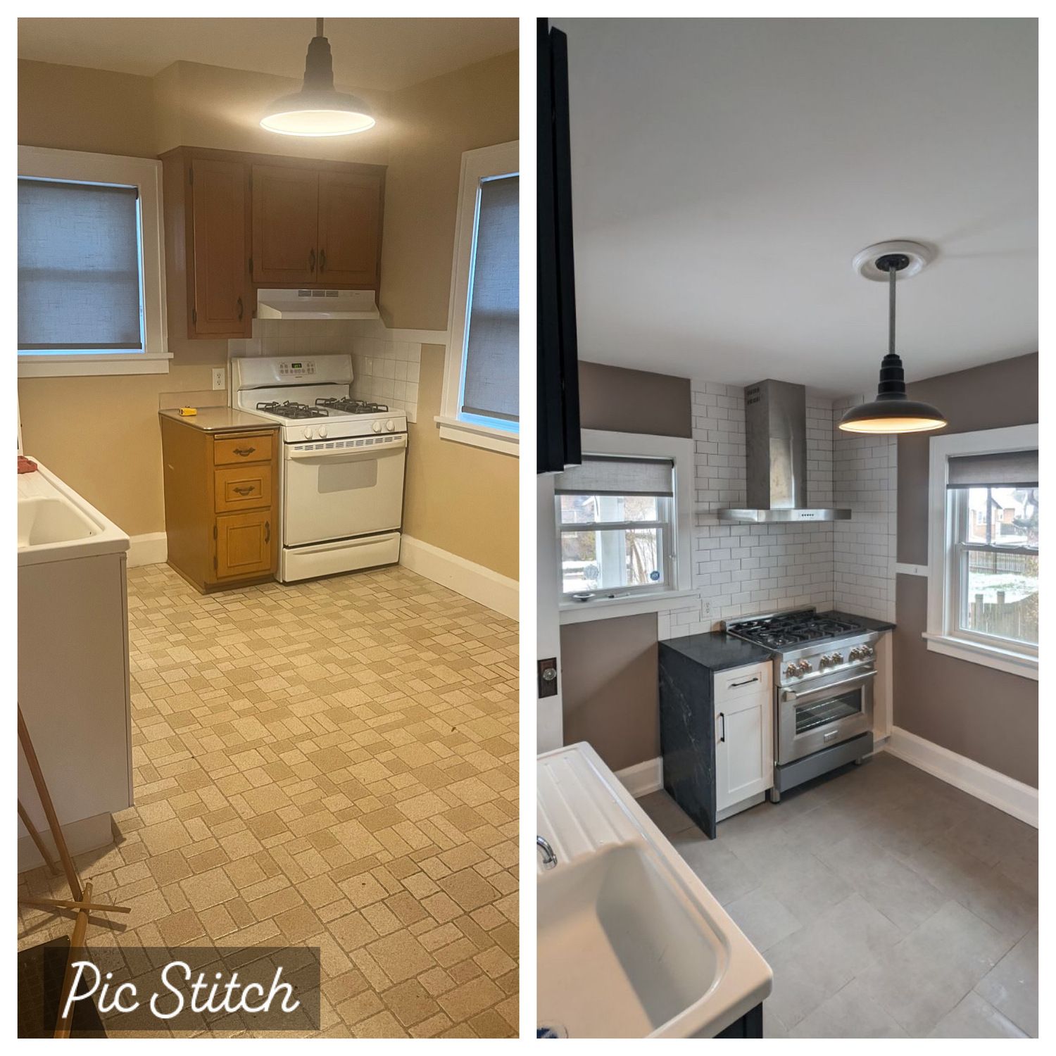 A before and after photo of a kitchen with a stove and a sink.