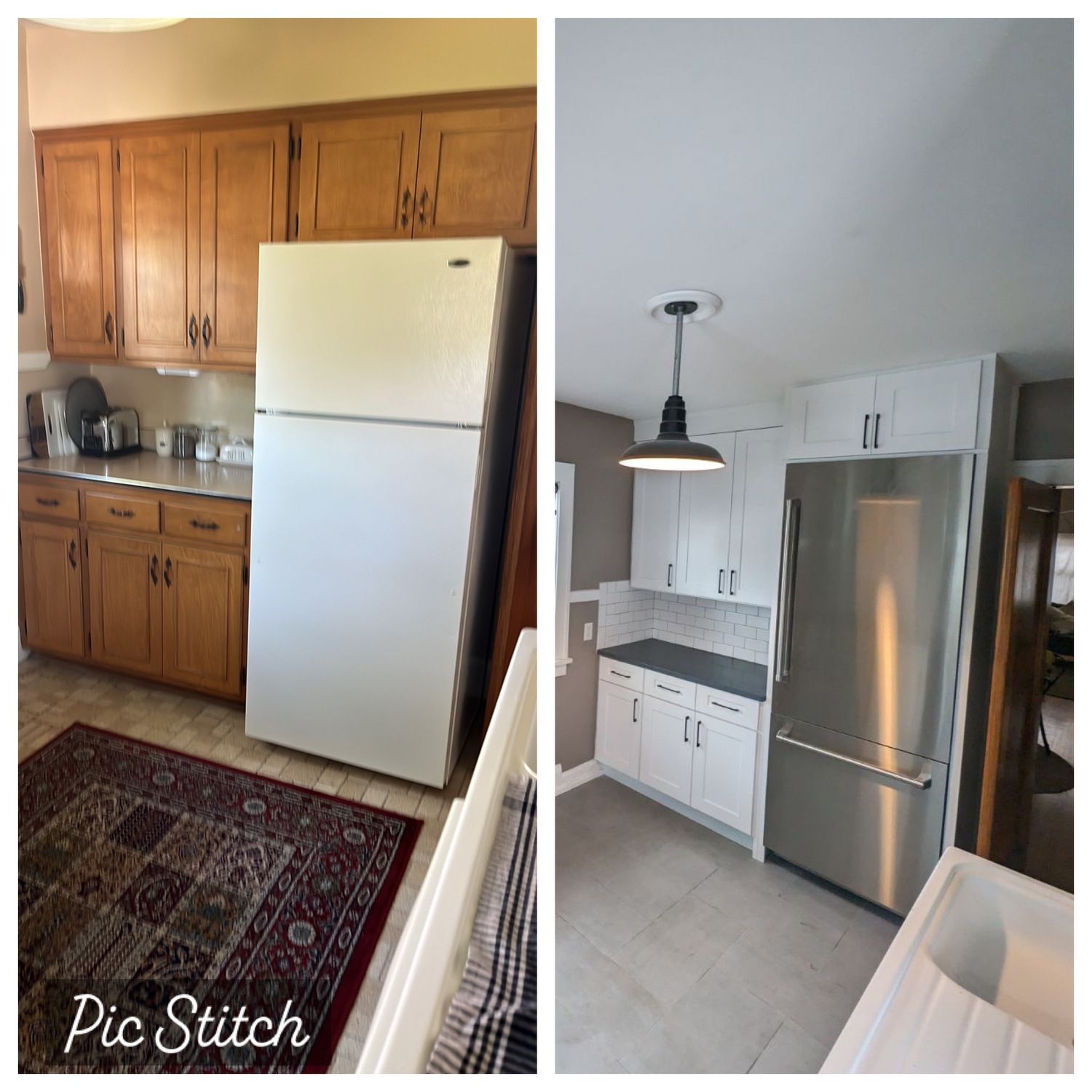 A before and after photo of a kitchen with wooden cabinets and stainless steel appliances.
